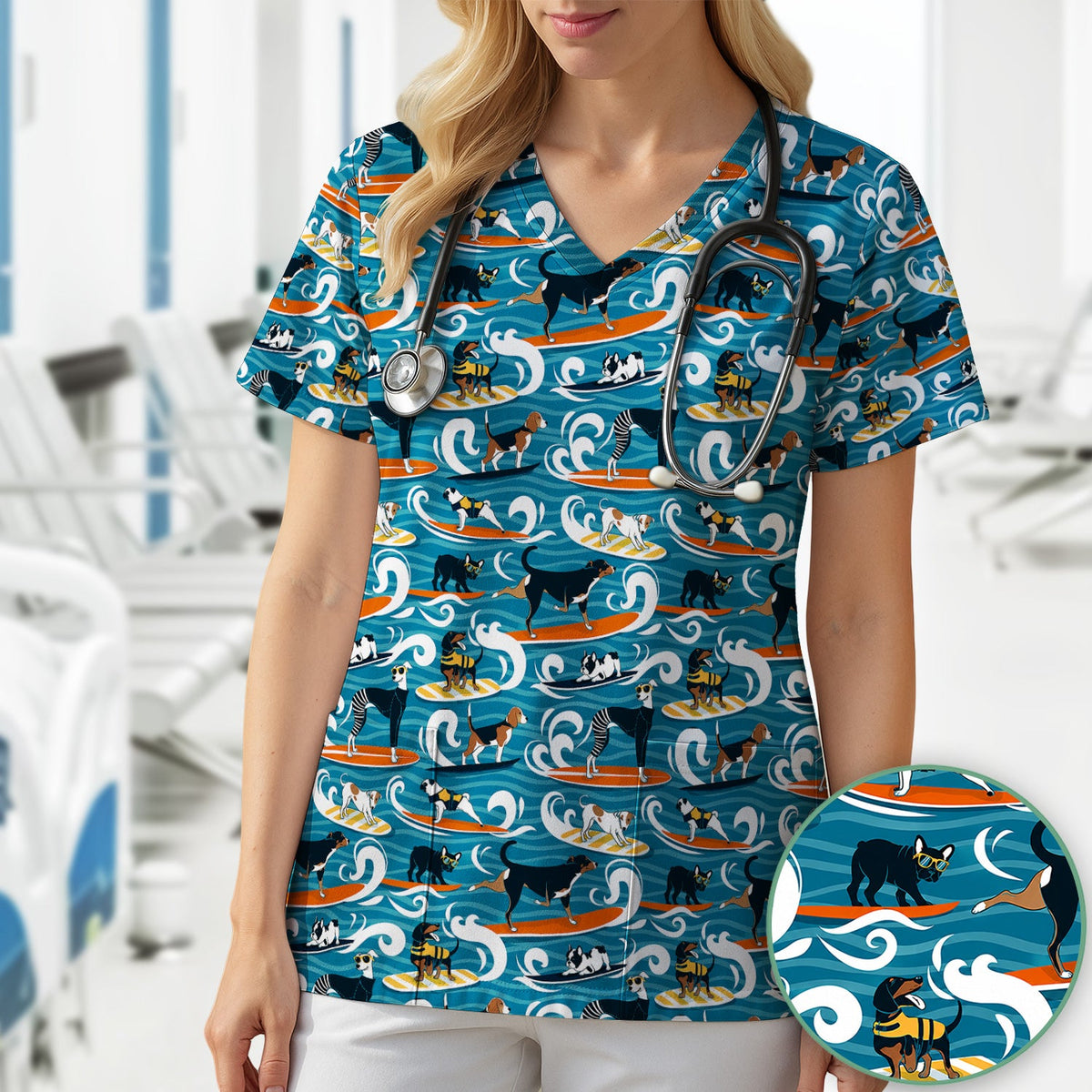 Surfing Dogs Ocean Wave Nurse Scrub Top