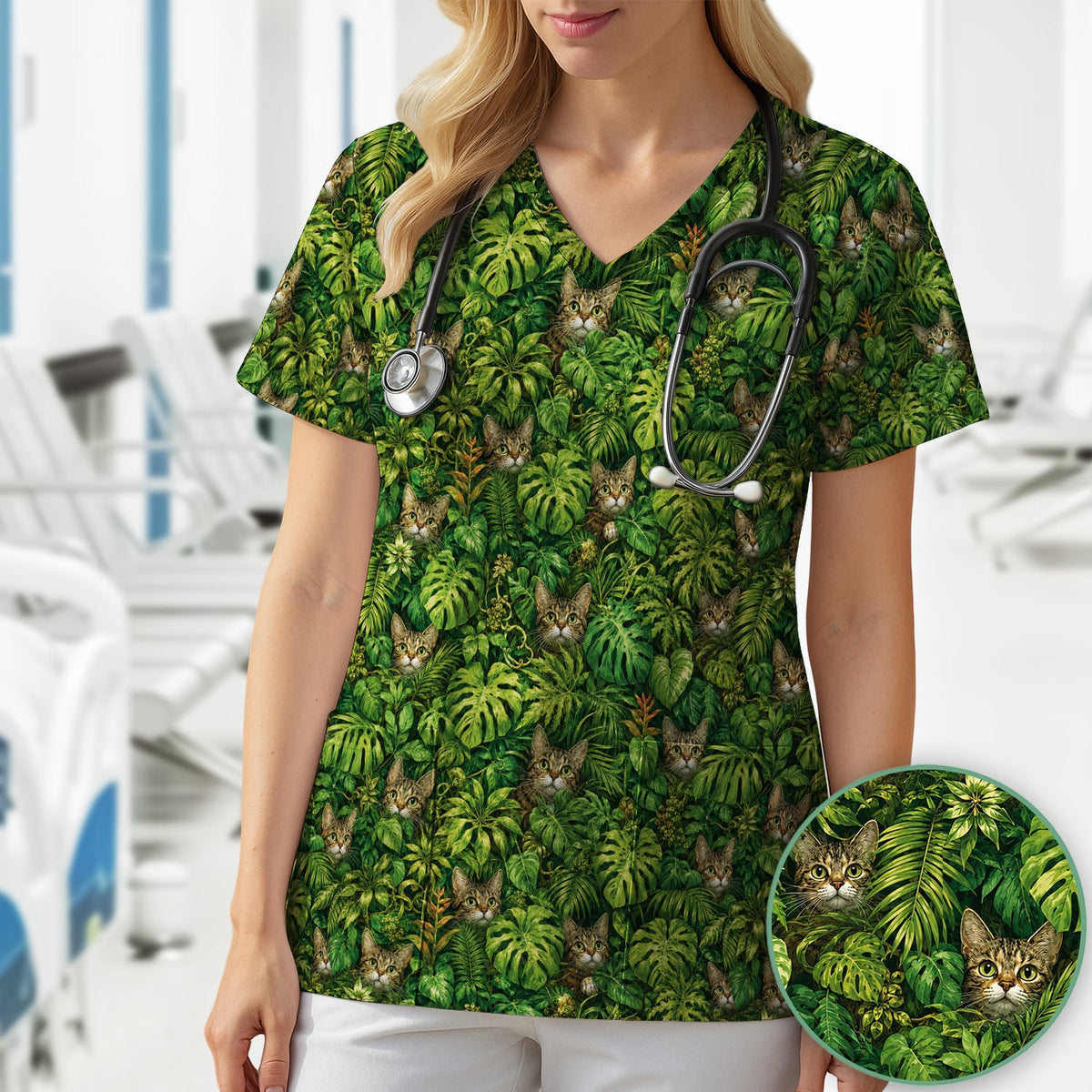 Hidden Jungle Cat Veterinary Nurse Scrub Top