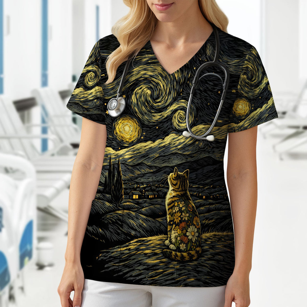Galaxy Night Sky Cat Flowers Nurse Scrub Top