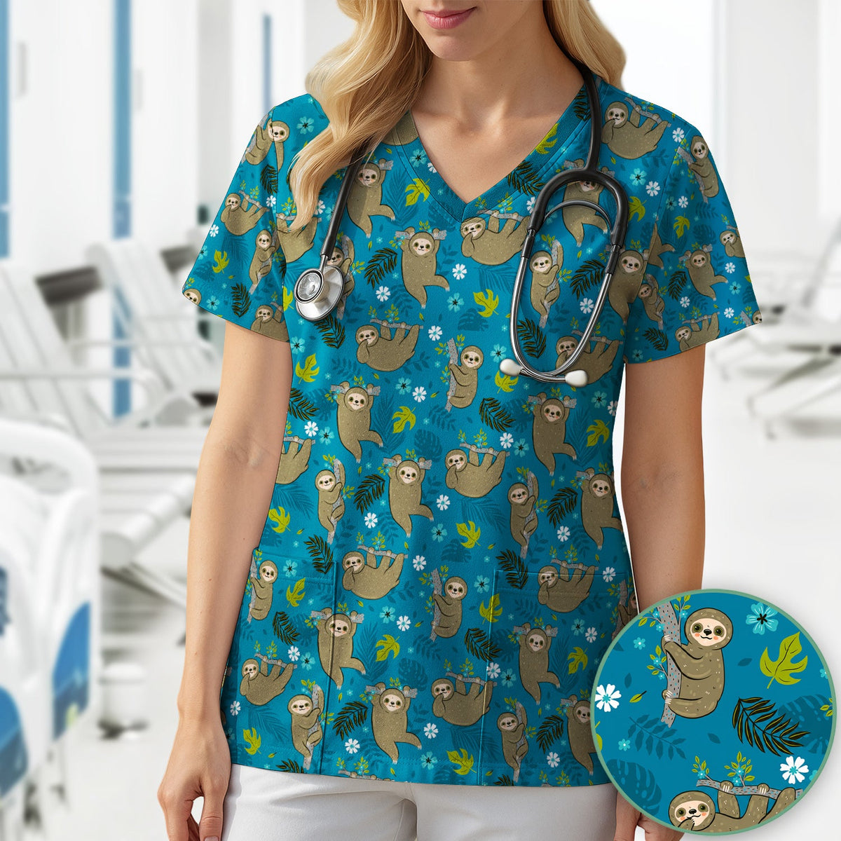 Jungle Tropical Sloth Nurse Scrub Top