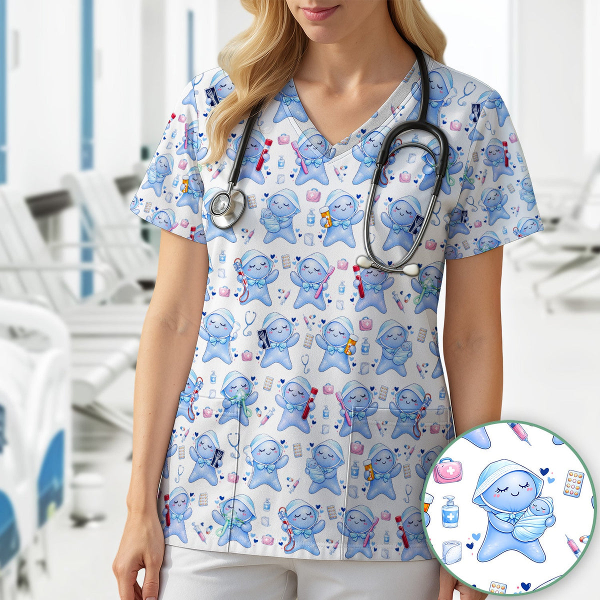 Dental Tooth Character Nurse Scrub Top