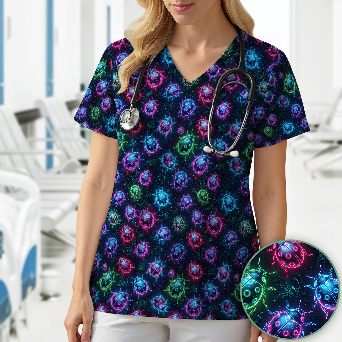 Colorful Neon Ladybug Nurse Scrub Top
