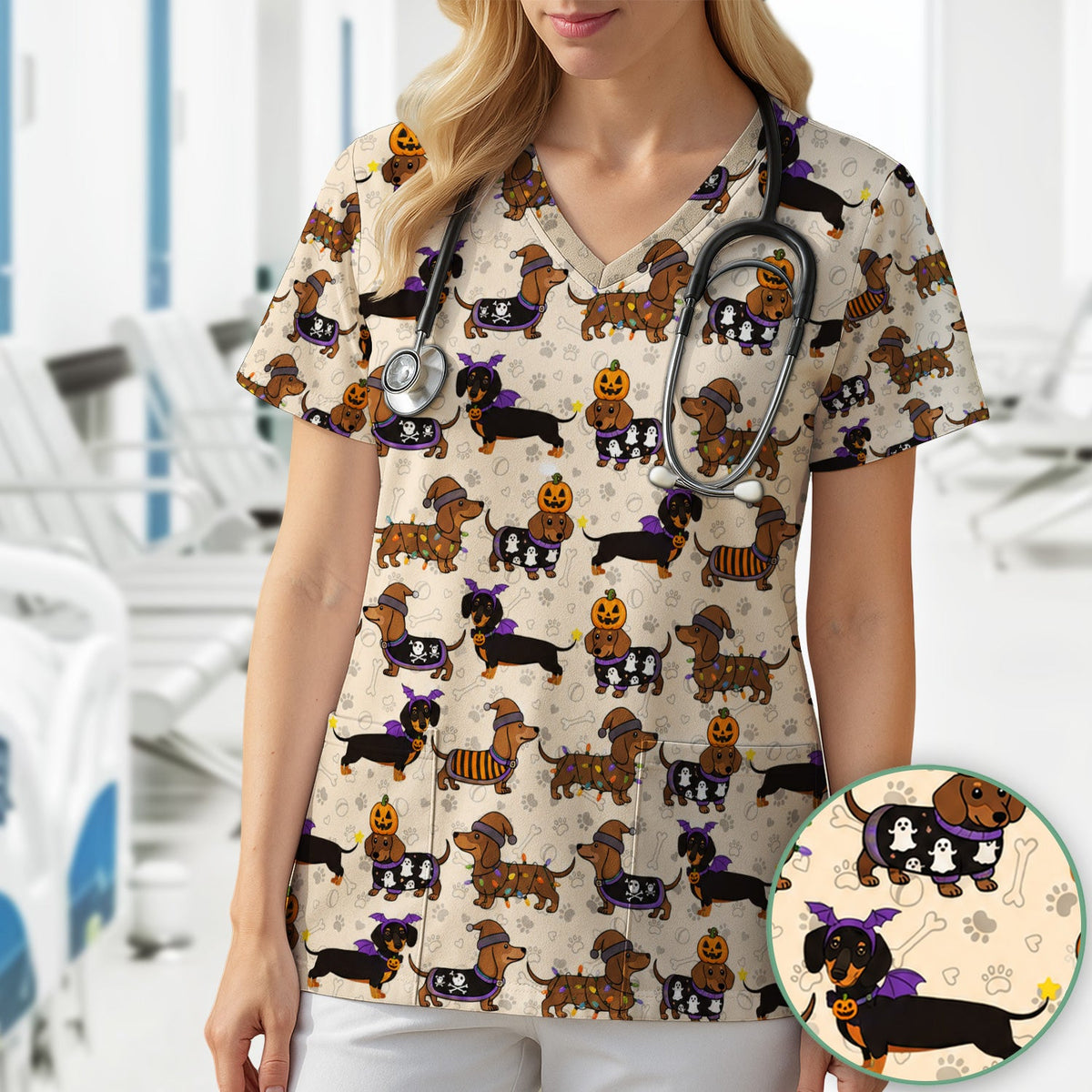 Dachshund Pumpkin Ghost Nurse Scrub Top - Halloween Gift