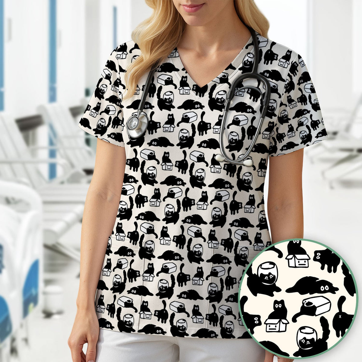 Dark Playful Cat Nurse Scrub Top