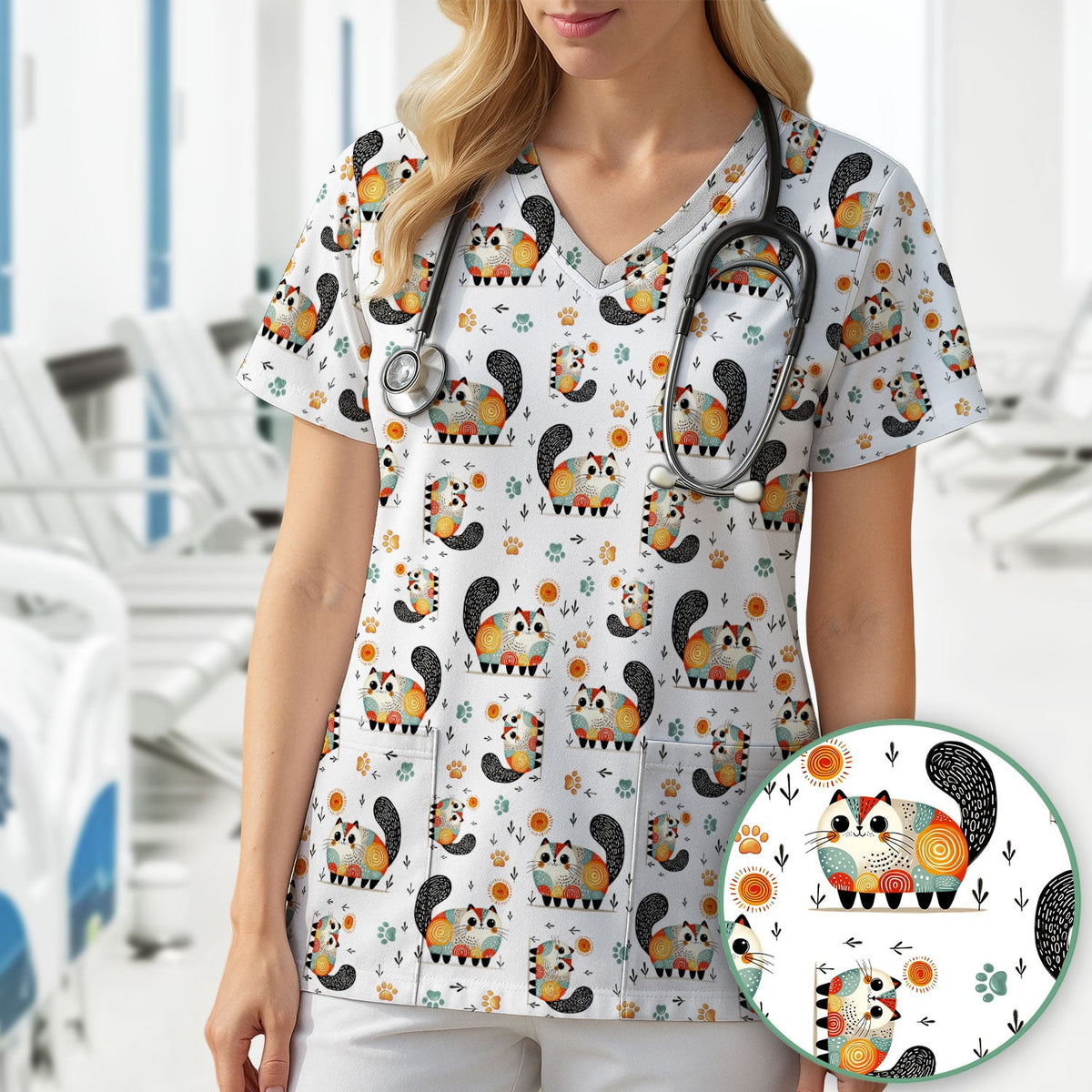 Cat Illustration Nurse Scrub Top