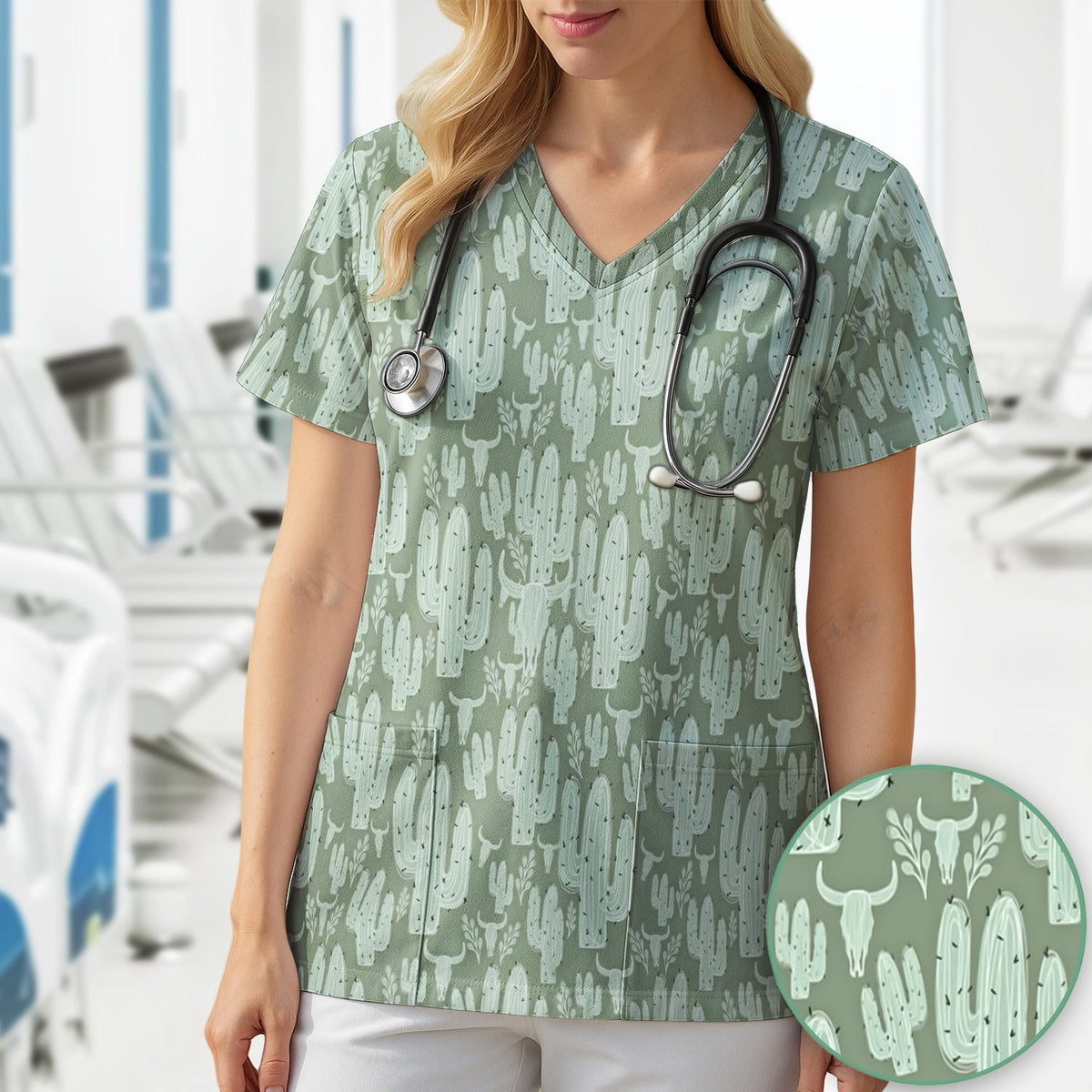Desert Cactus Skull Nurse Scrub Top
