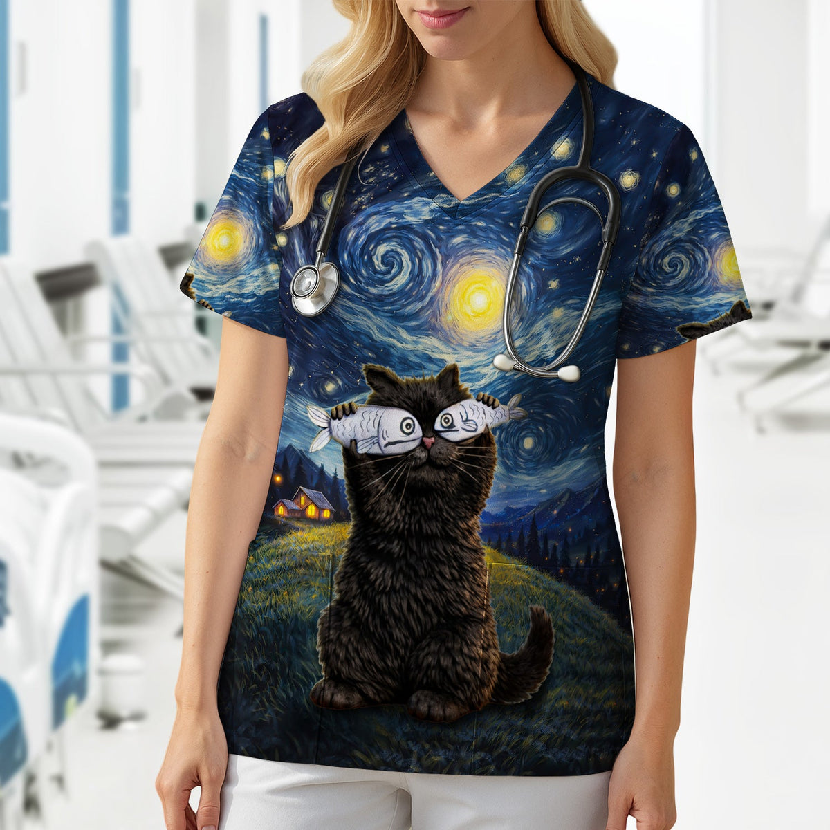 Starry Night Cat Art Print V Neck Nursing Scrub Top, for Cat Lover Nurses