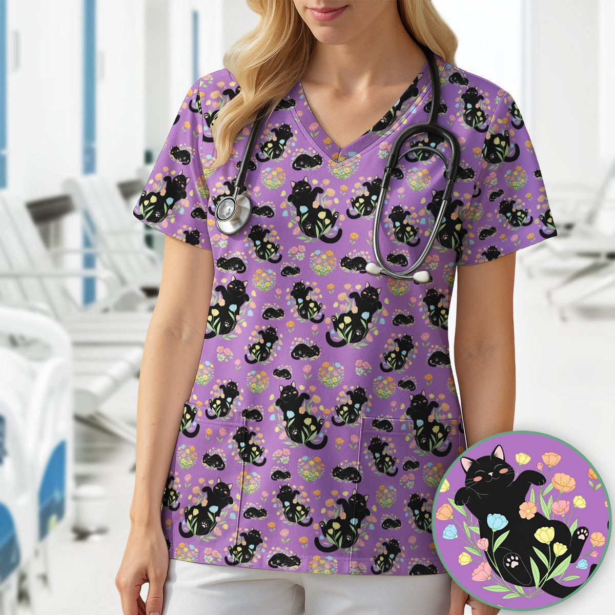 Cats Cute Poses Floral Nurse Scrub Top