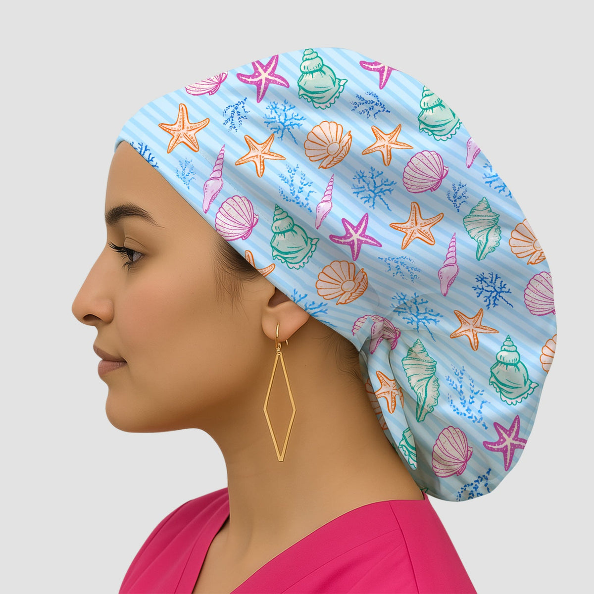 Colorful Seashell Starfish Ocean Stripe Scrub Cap