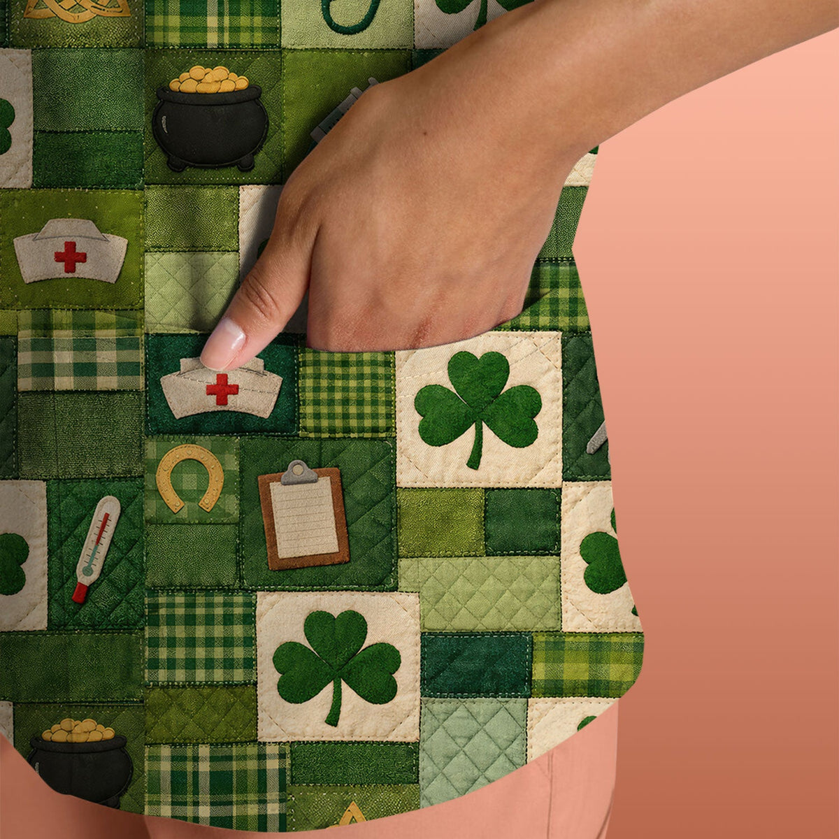 St Patrick Patchwork Shamrock Nurse Scrub Top