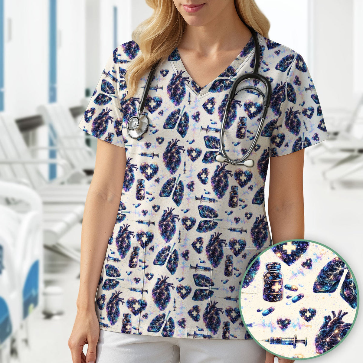 Galaxy Anatomical Heart Lung Syringe Nurse Scrub Top