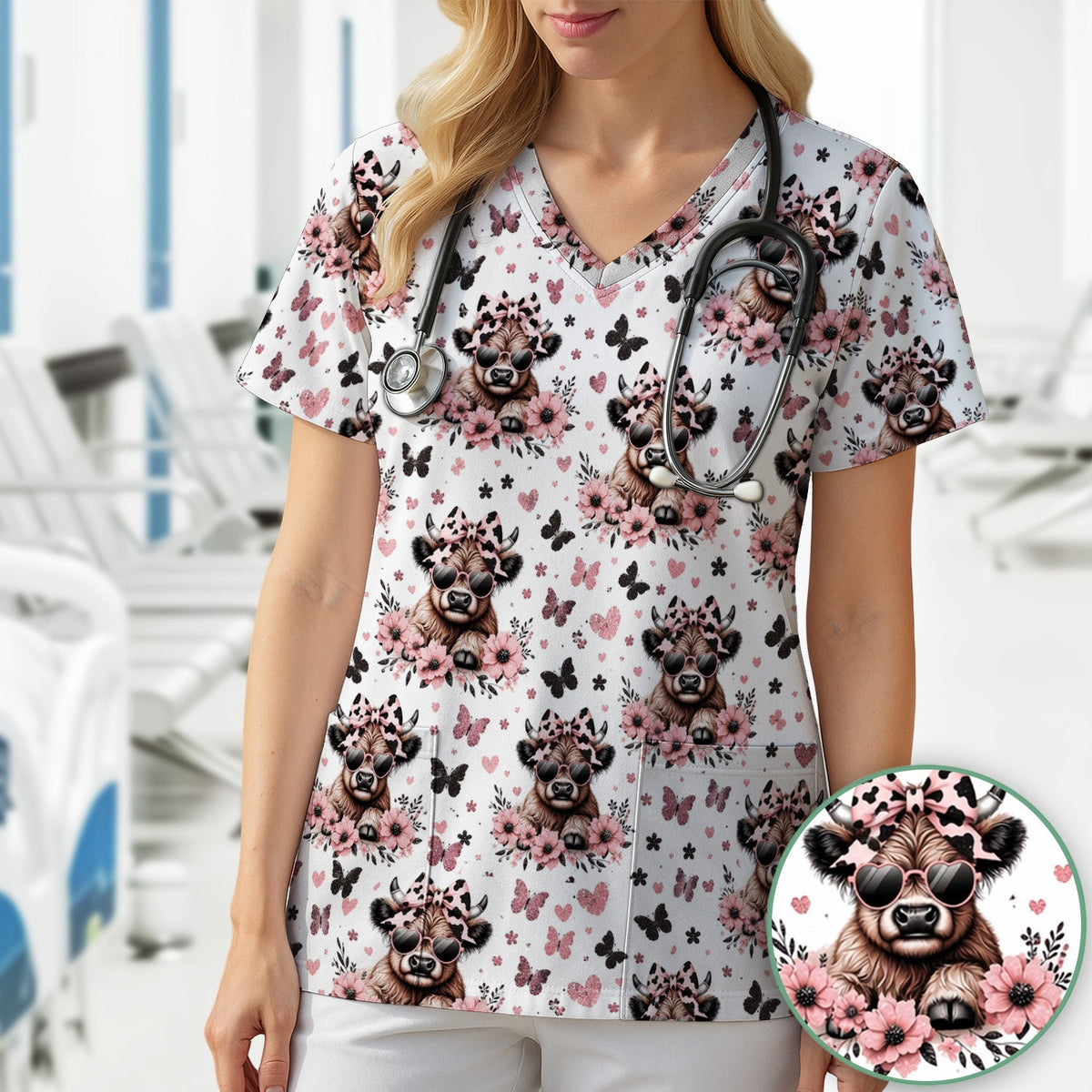 Cow Heart Sunglasses Nurse Scrub Top