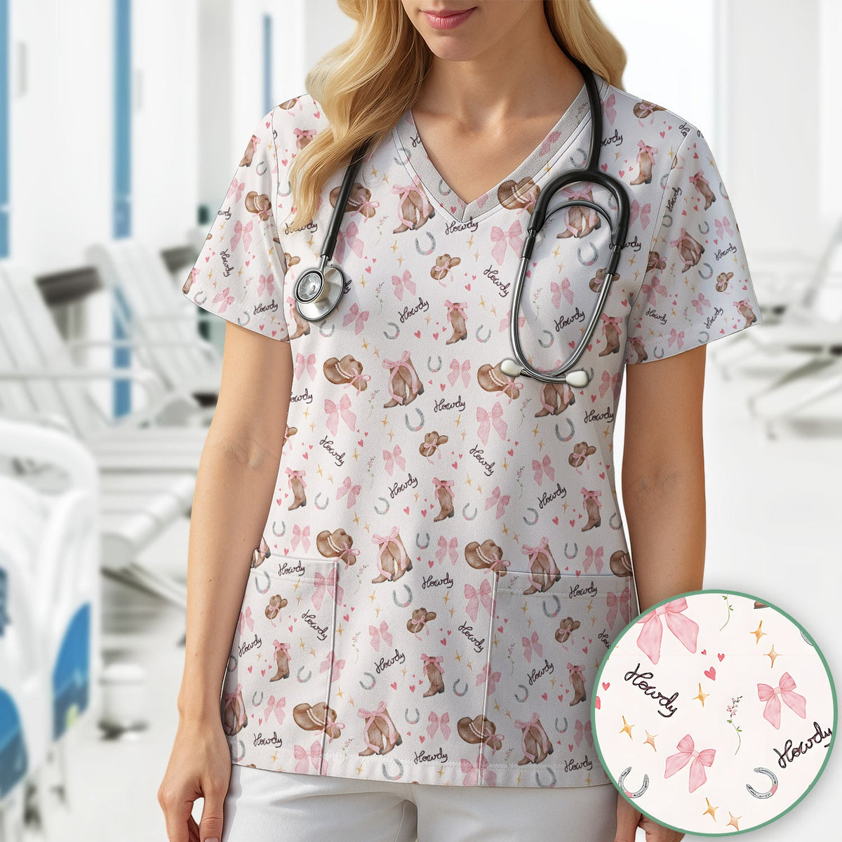 Pink Cowgirl Boots Nurse Scrub Top