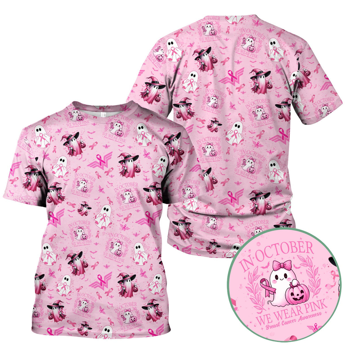 Pink Ribbon Ghost Witch Nurse Scrub Top - Breast Cancer Gift