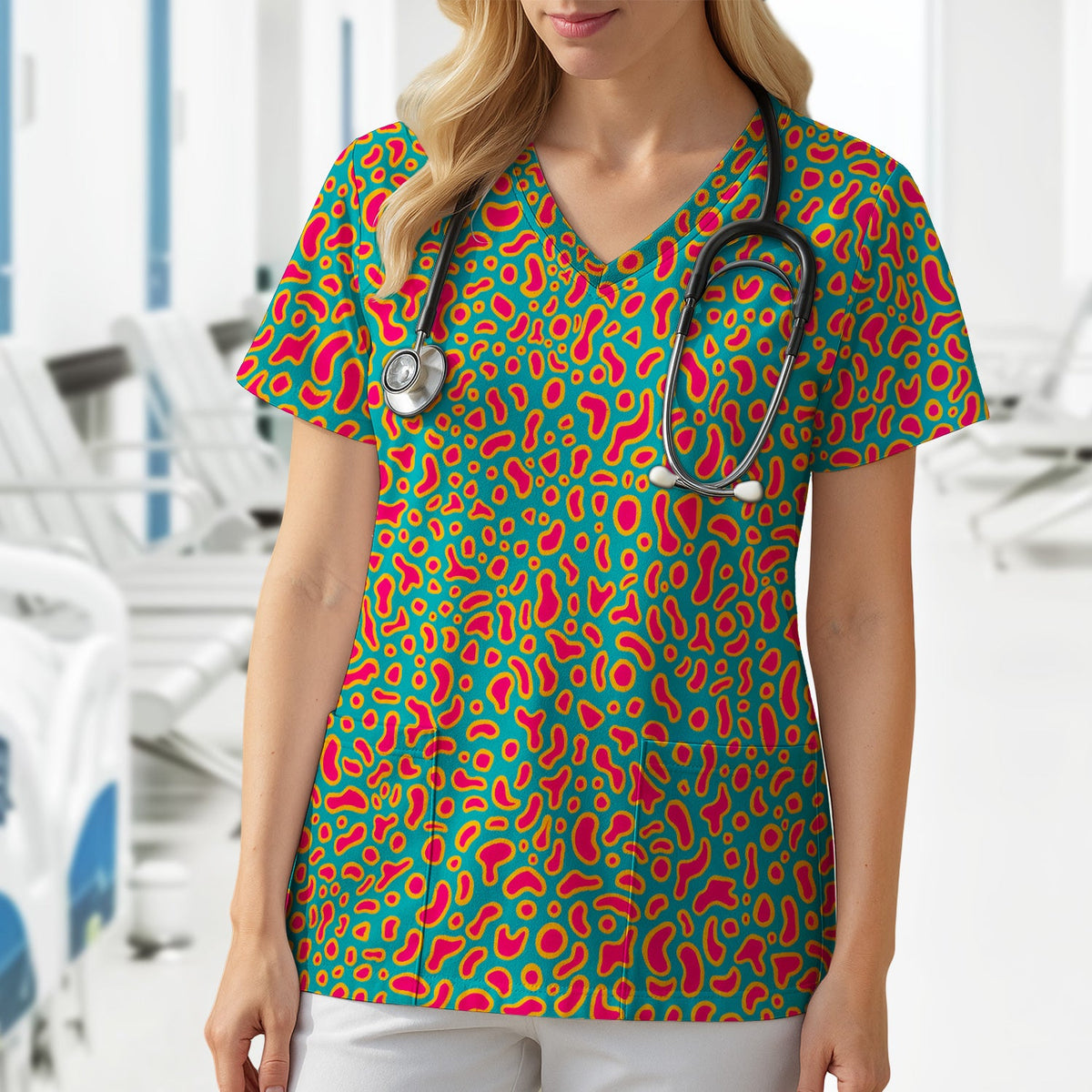 Colorful Abstract Leopard Nurse Scrub Top