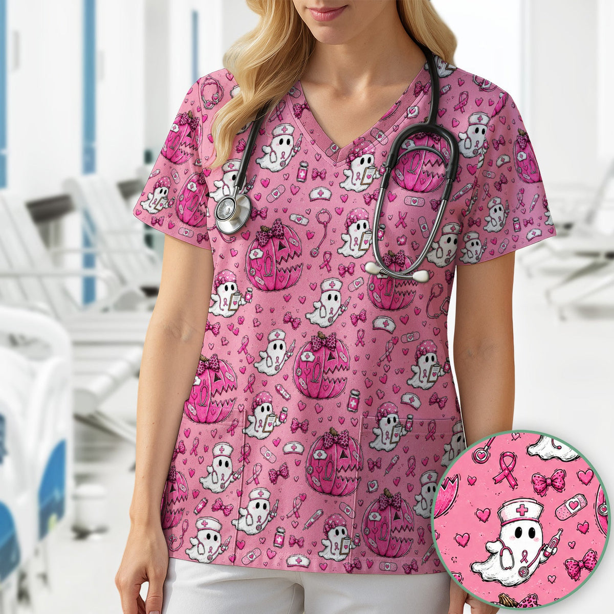 Pink Ribbon Ghost Pattern Nurse Scrub Top