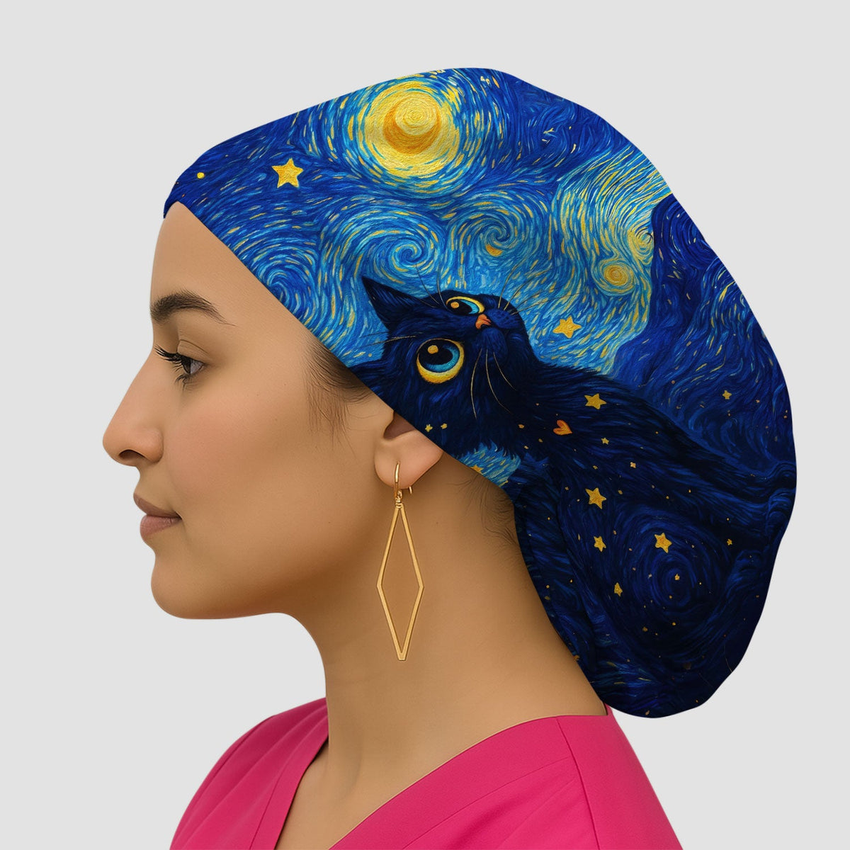 Black Cat Starry Night Scrub Cap