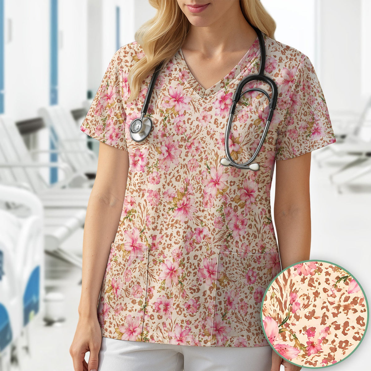 Pink Floral Leopard Nurse Scrub Top