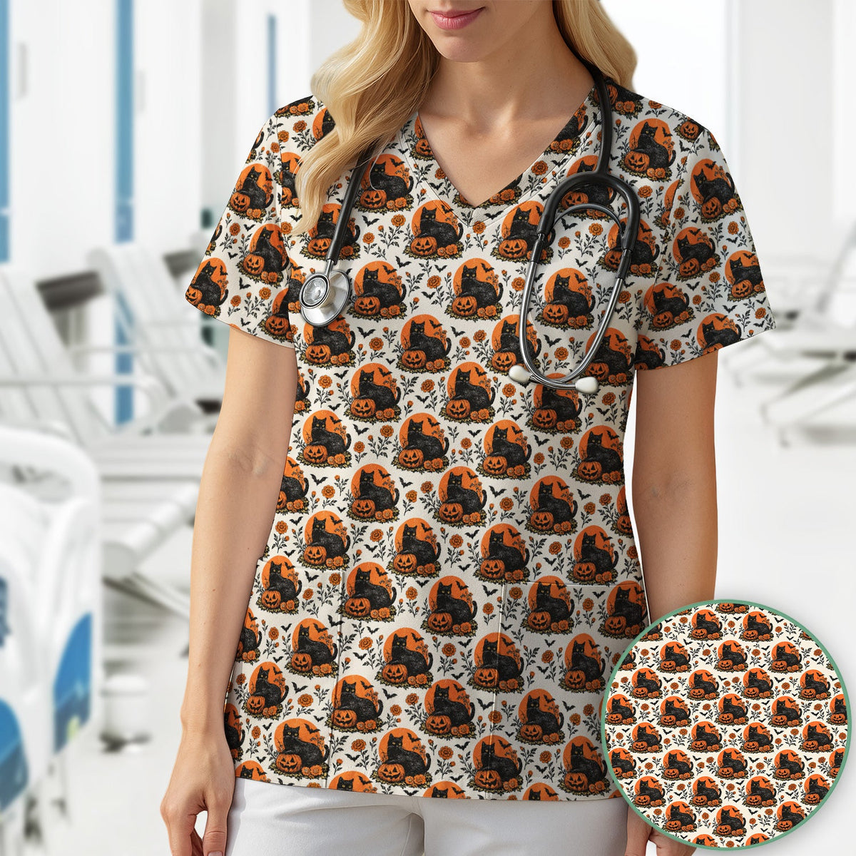 Black Cat Energy Nurse Scrub Top - Halloween Gift