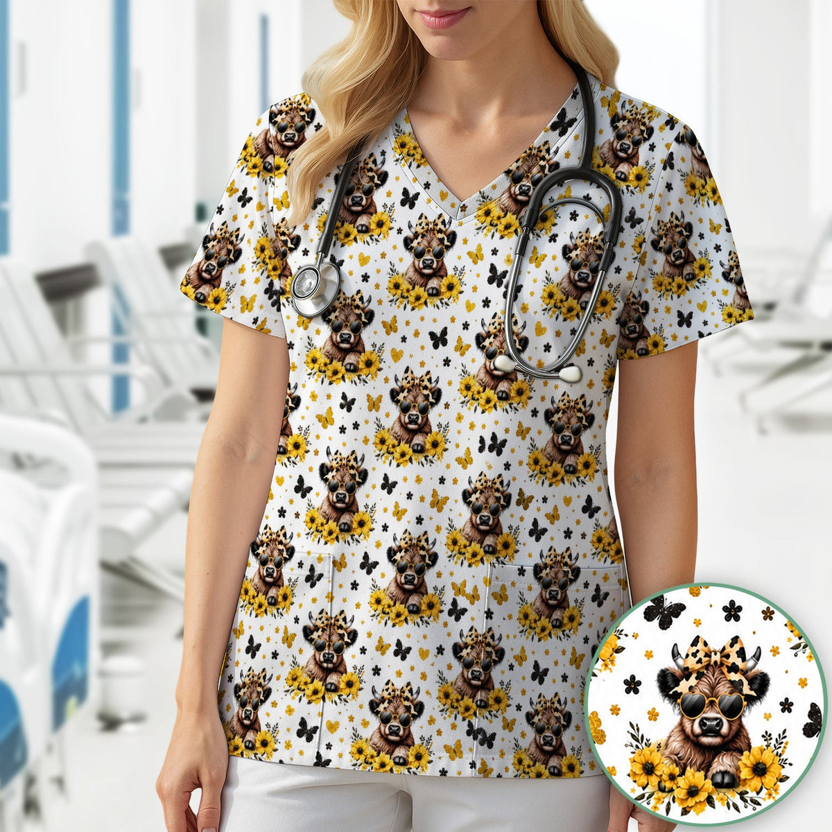 Cow Sunflower Bow Nurse Scrub Top