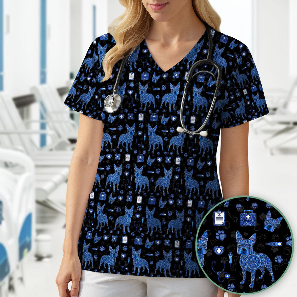 Blue Heeler Australian Cattle Dog Scrub Top, Australia Dot Art Pattern Shirt, Breathable Fabrics Nursing Uniform