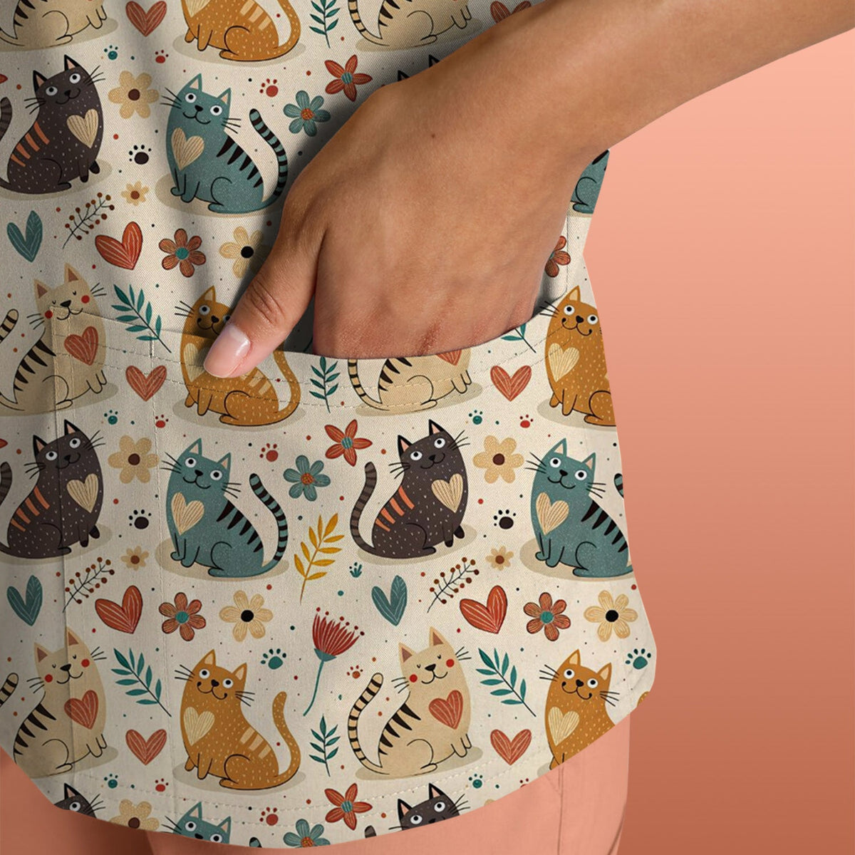 Cat Floral Nurse Scrub Top