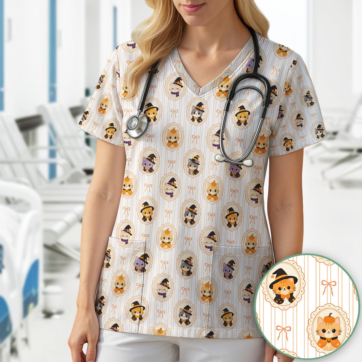 Halloween Cat Stripe Nurse Scrub Top
