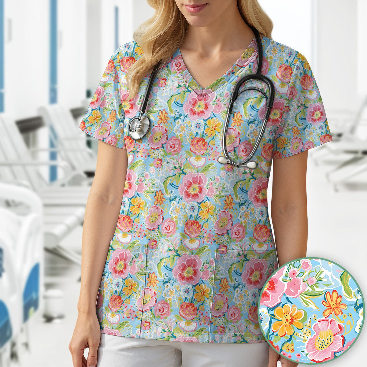 Pastel Tropical Floral Garden Nurse Scrub Top