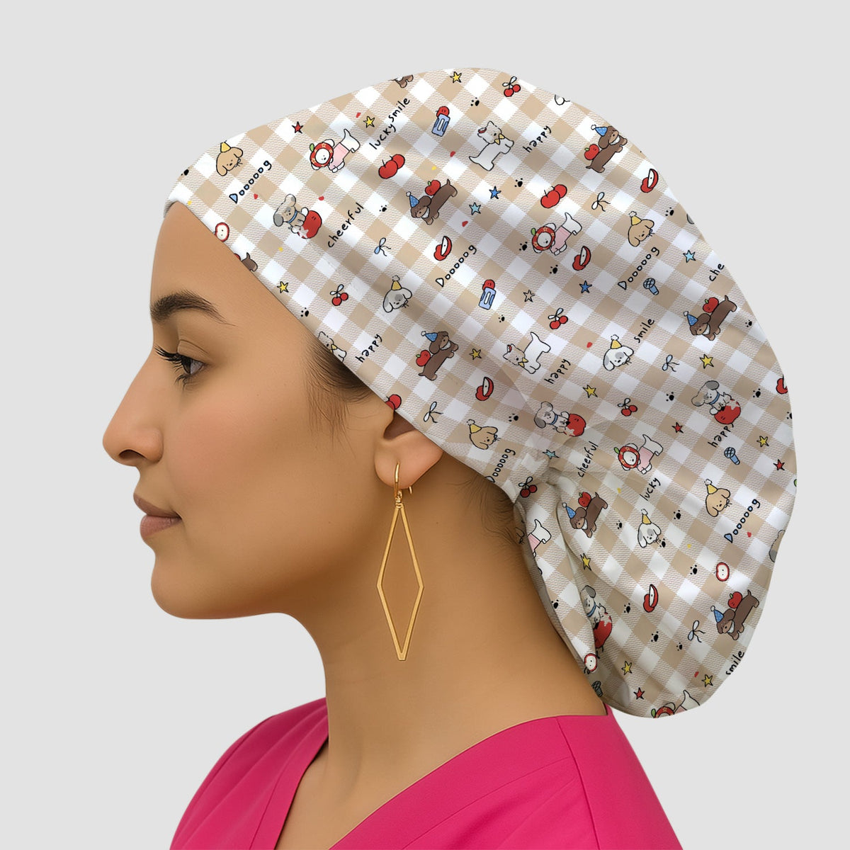 Cartoon Puppy Apple Gingham Scrub Cap
