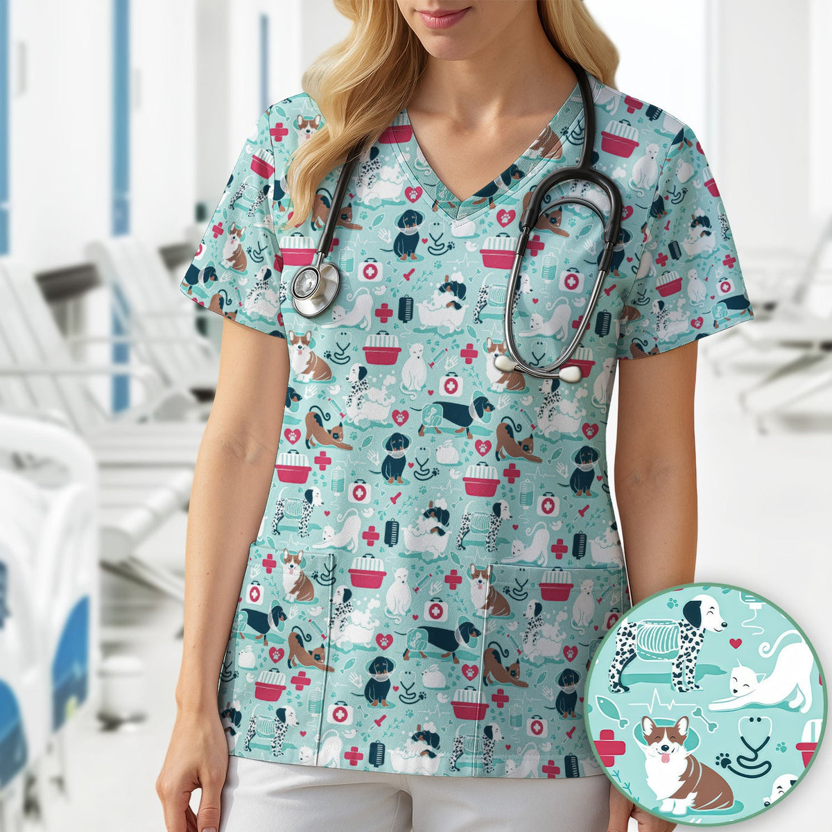 Dogs Veterinary Tools Nurse Scrub Top