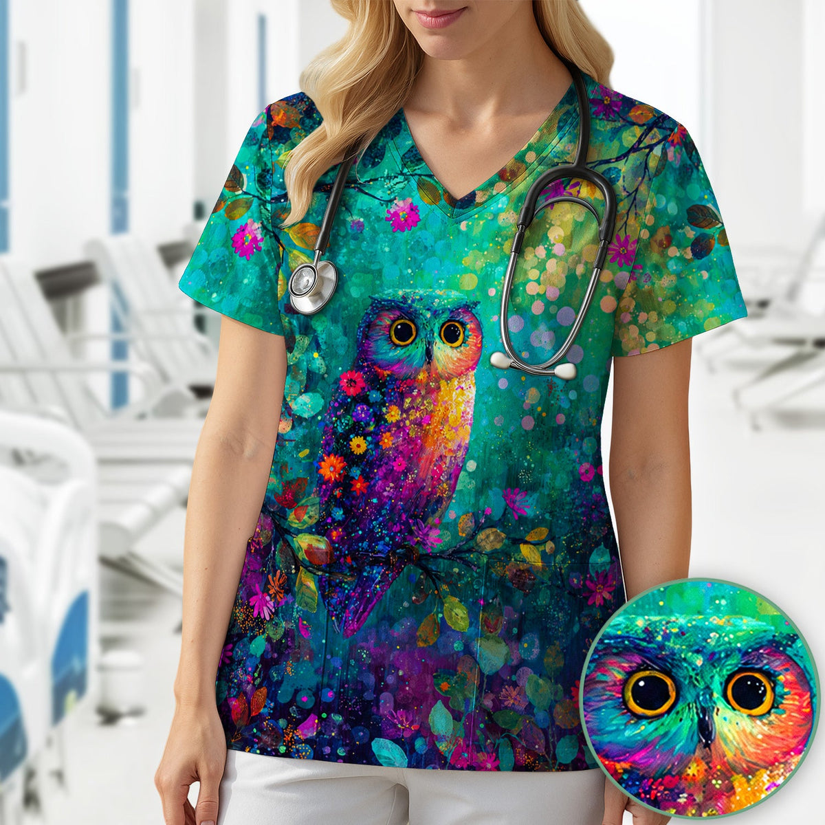 Colorful Owl Forest Nurse Scrub Top