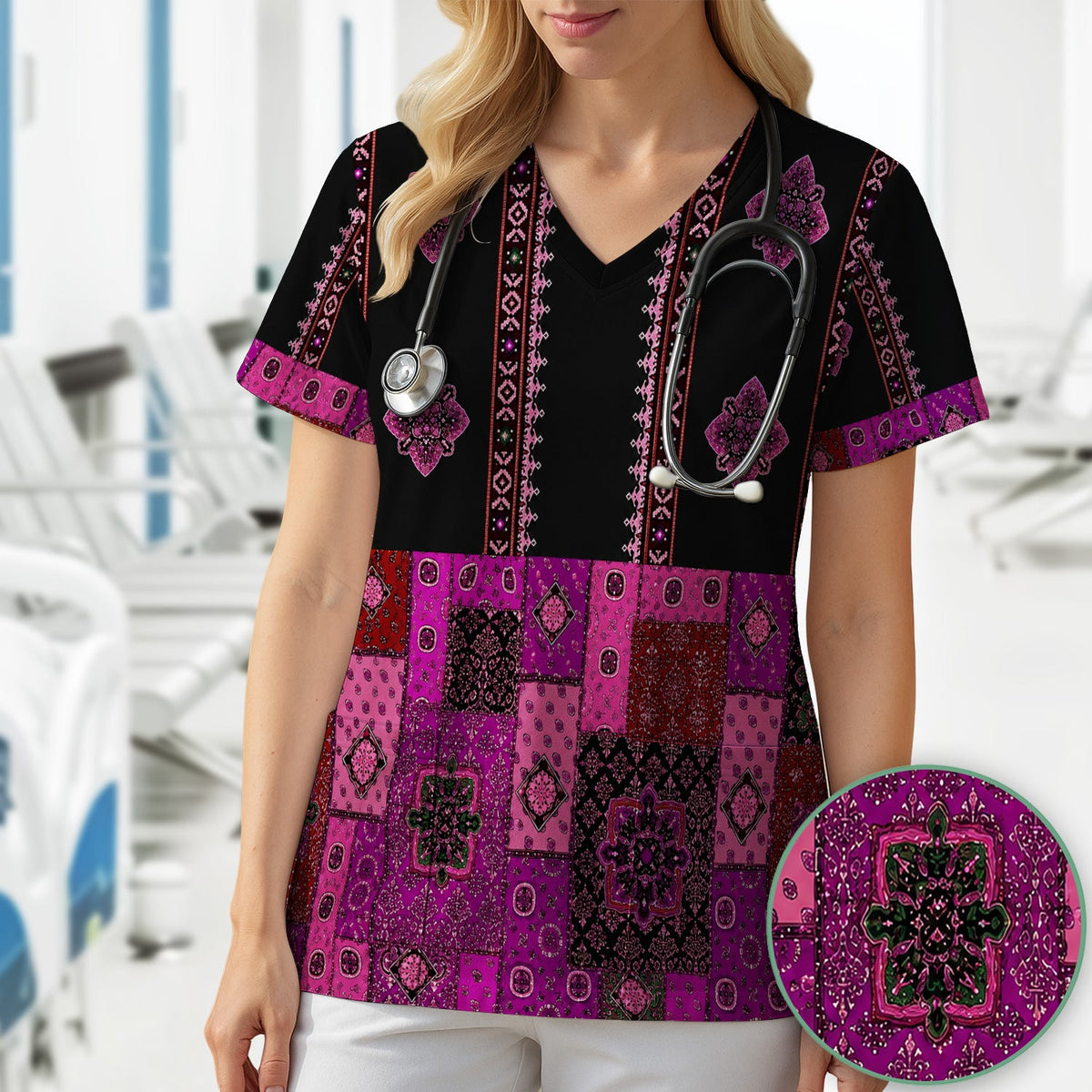 Boho Pink Bandana Patchwork Nurse Scrub Top