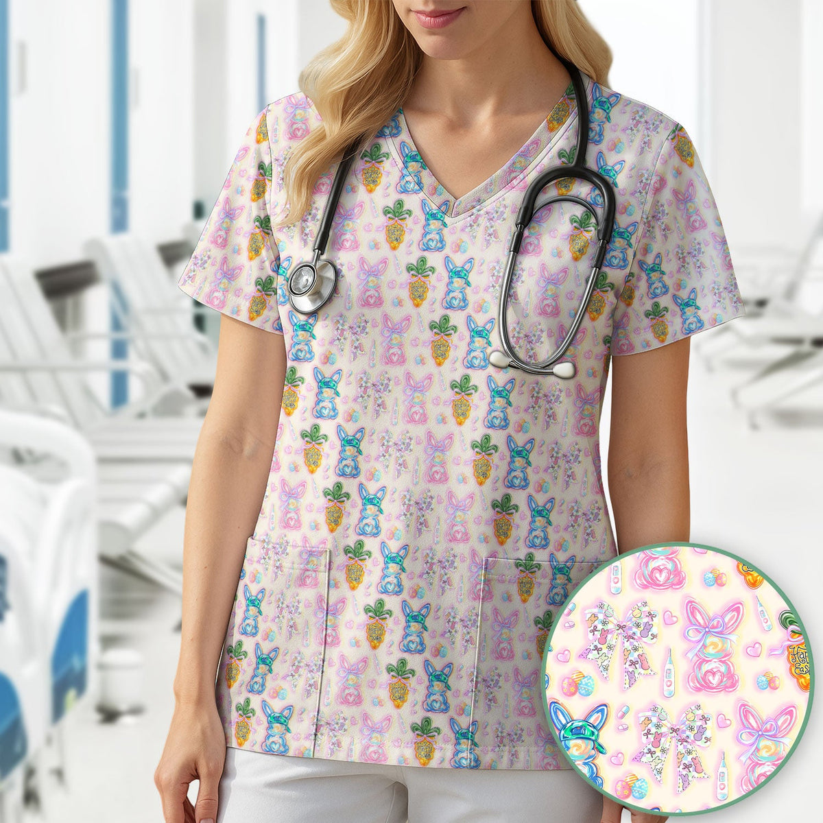 Bunny Carrot Bow Nurse Scrub Top - Easter Gift