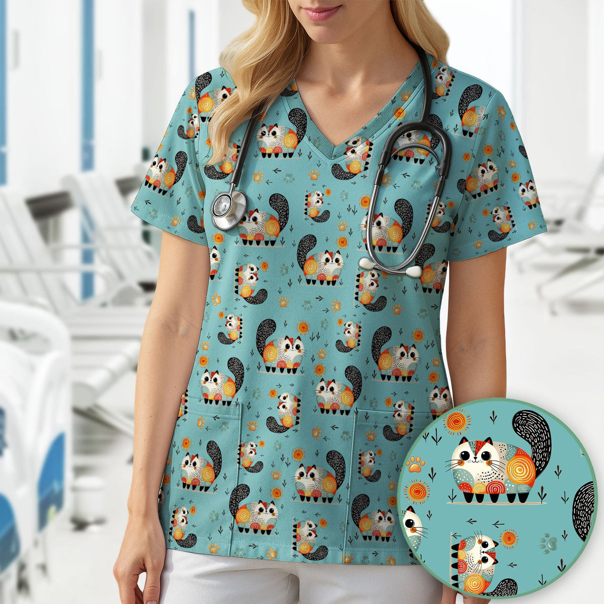 Cat Illustration Nurse Scrub Top