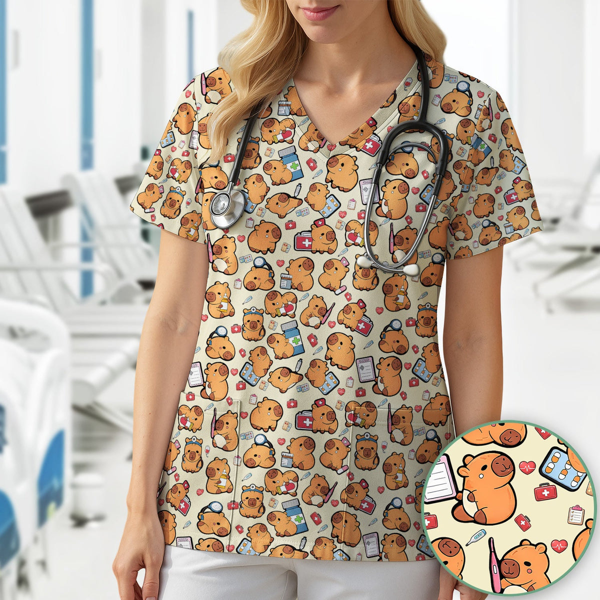 Capybara Stethoscope Medical Tools Nurse Scrub Top
