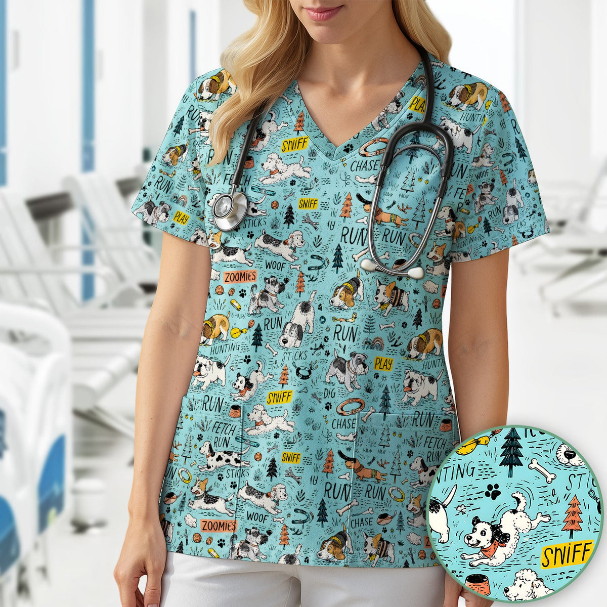Cartoon Puppy Adventure Nurse Scrub Top