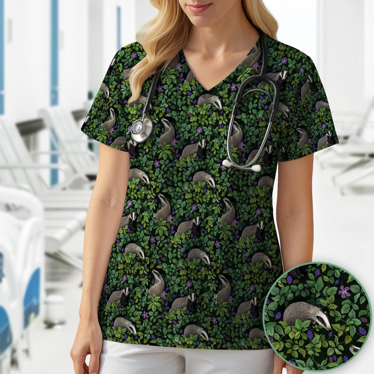 Woodland Badger Forest Nurse Scrub Top