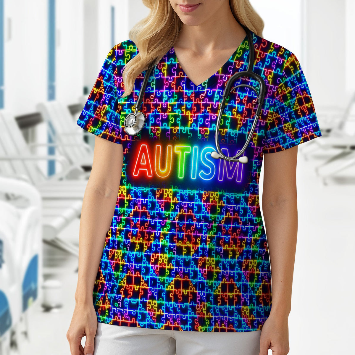 Autism Puzzle Neon Nurse Scrub Top