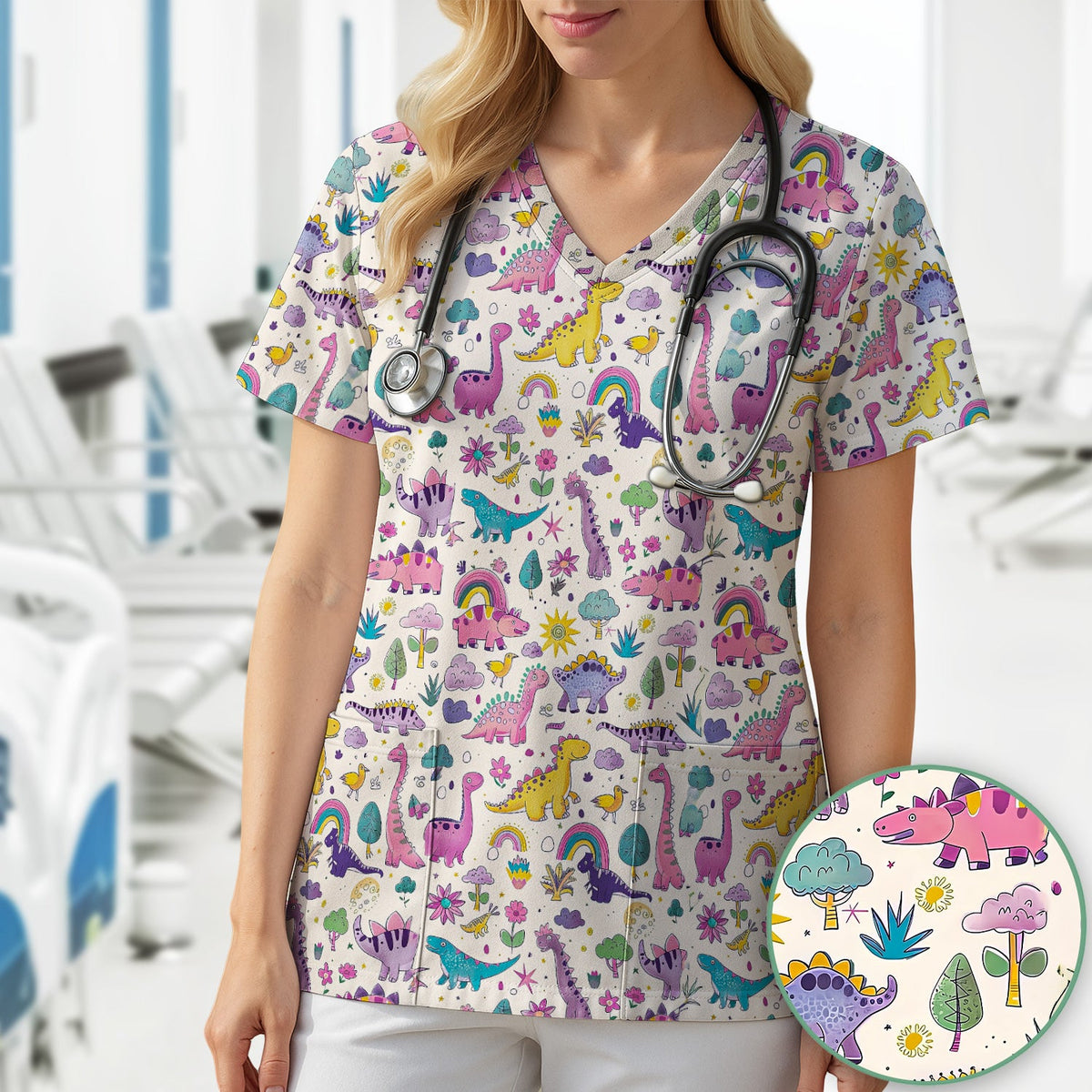 Dinosaur Rainbow Nurse Scrub Top