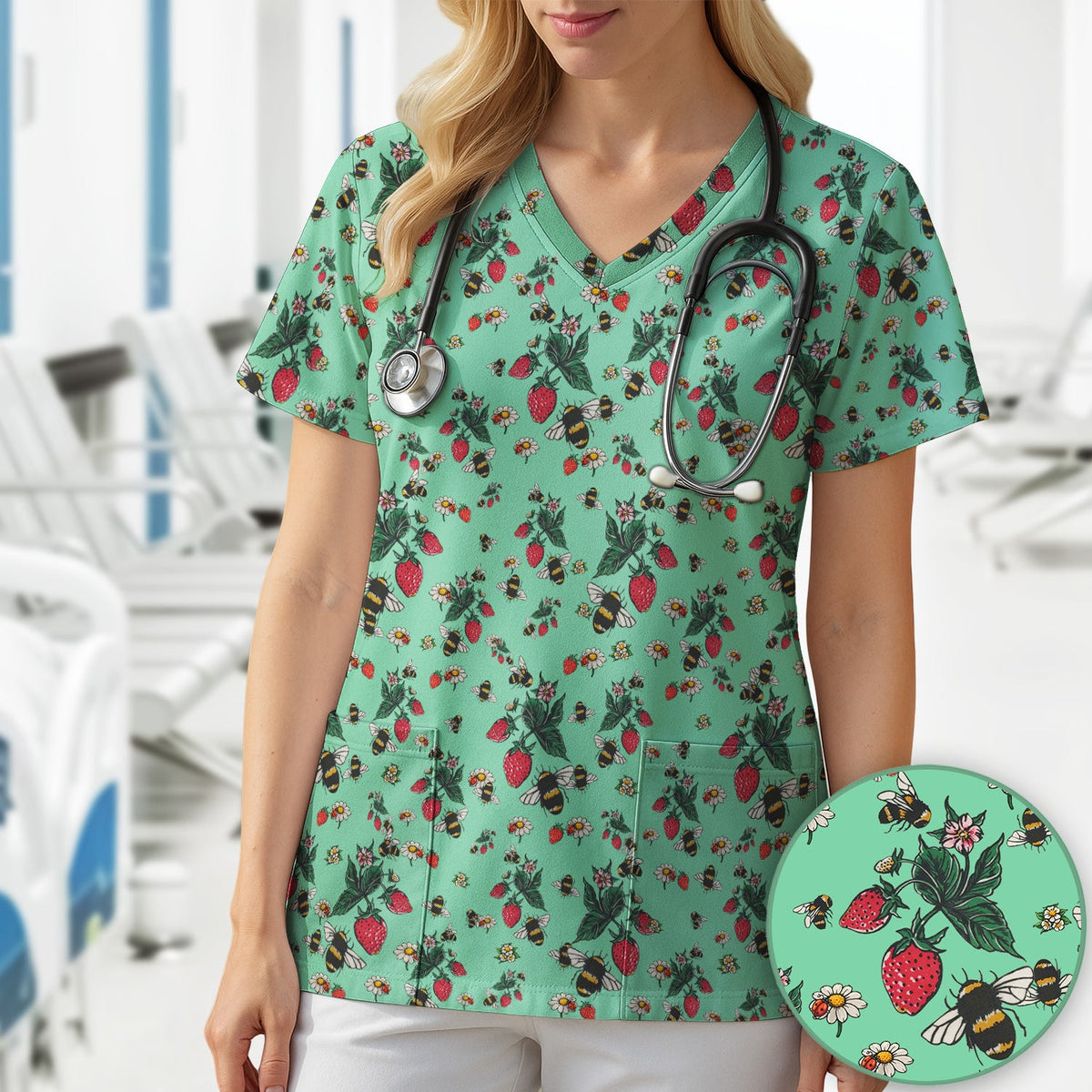 Strawberry Bee Daisy Nurse Scrub Top