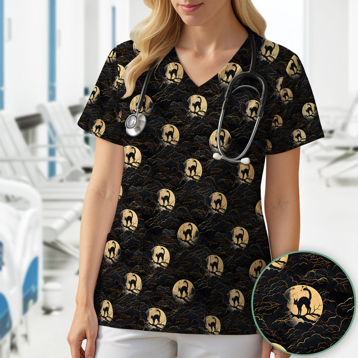 Black Cat In Moonlight Nurse Scrub Top - Halloween Gift