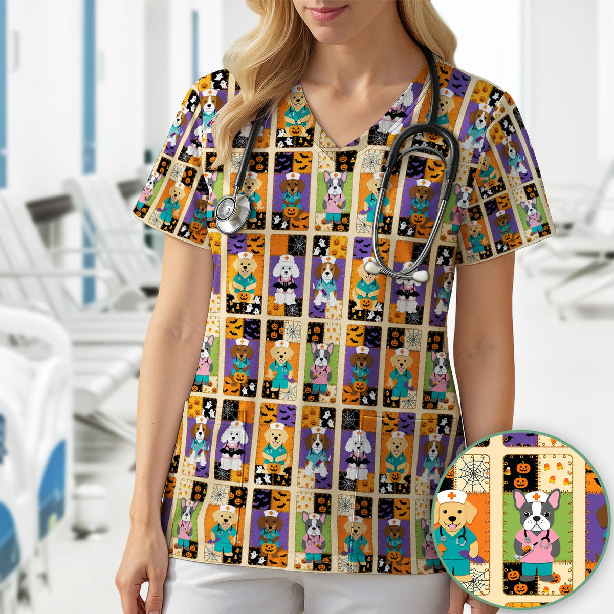Spooky Dog Veterinary Nurse Scrub Top