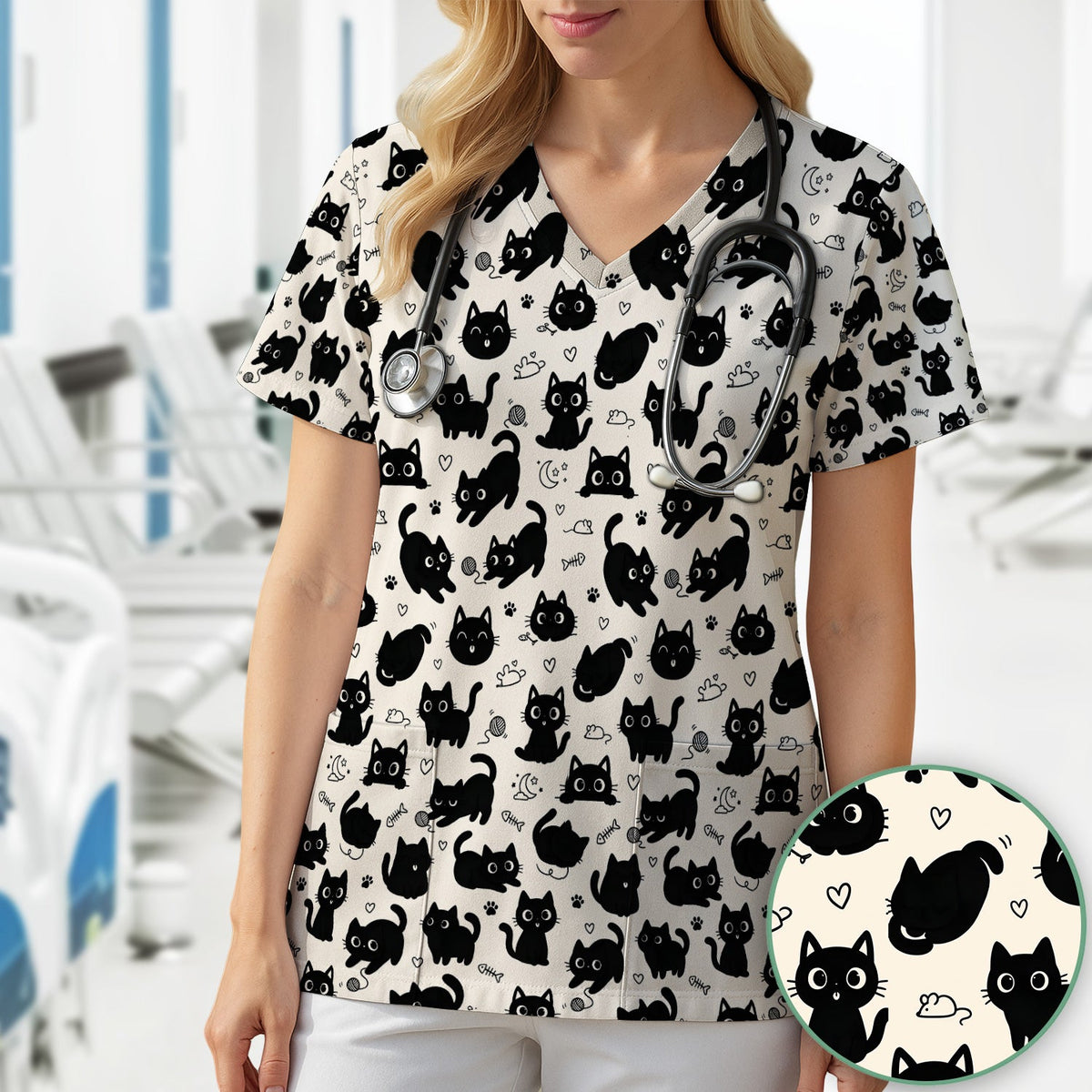 Playful Black Cat Nurse Scrub Top