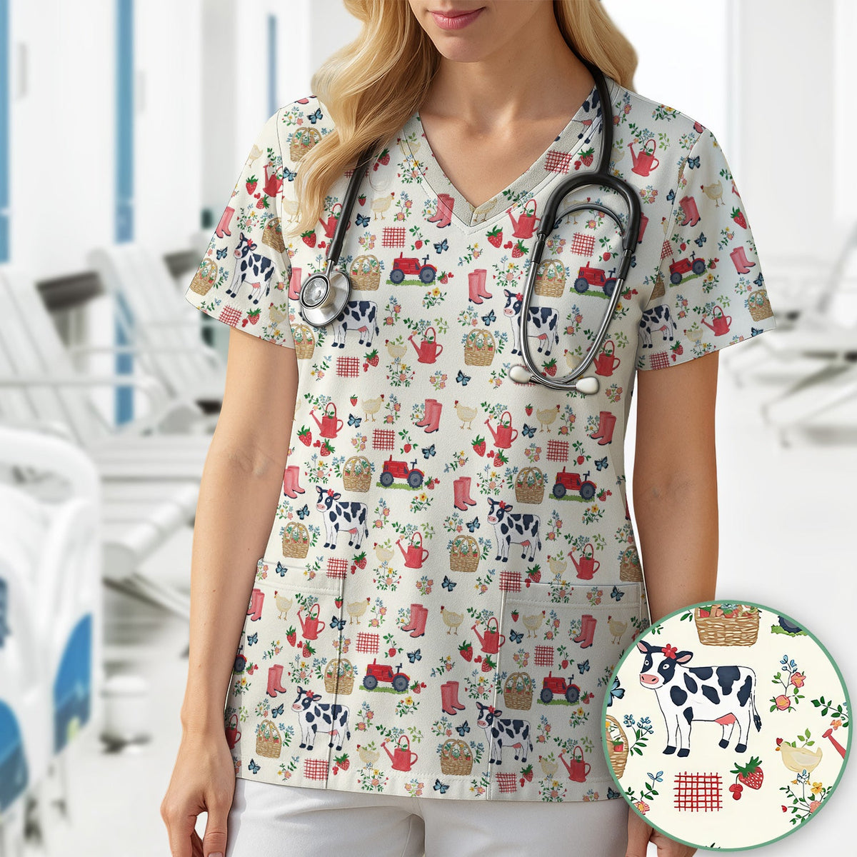 Cow Chicken Farm Nurse Scrub Top