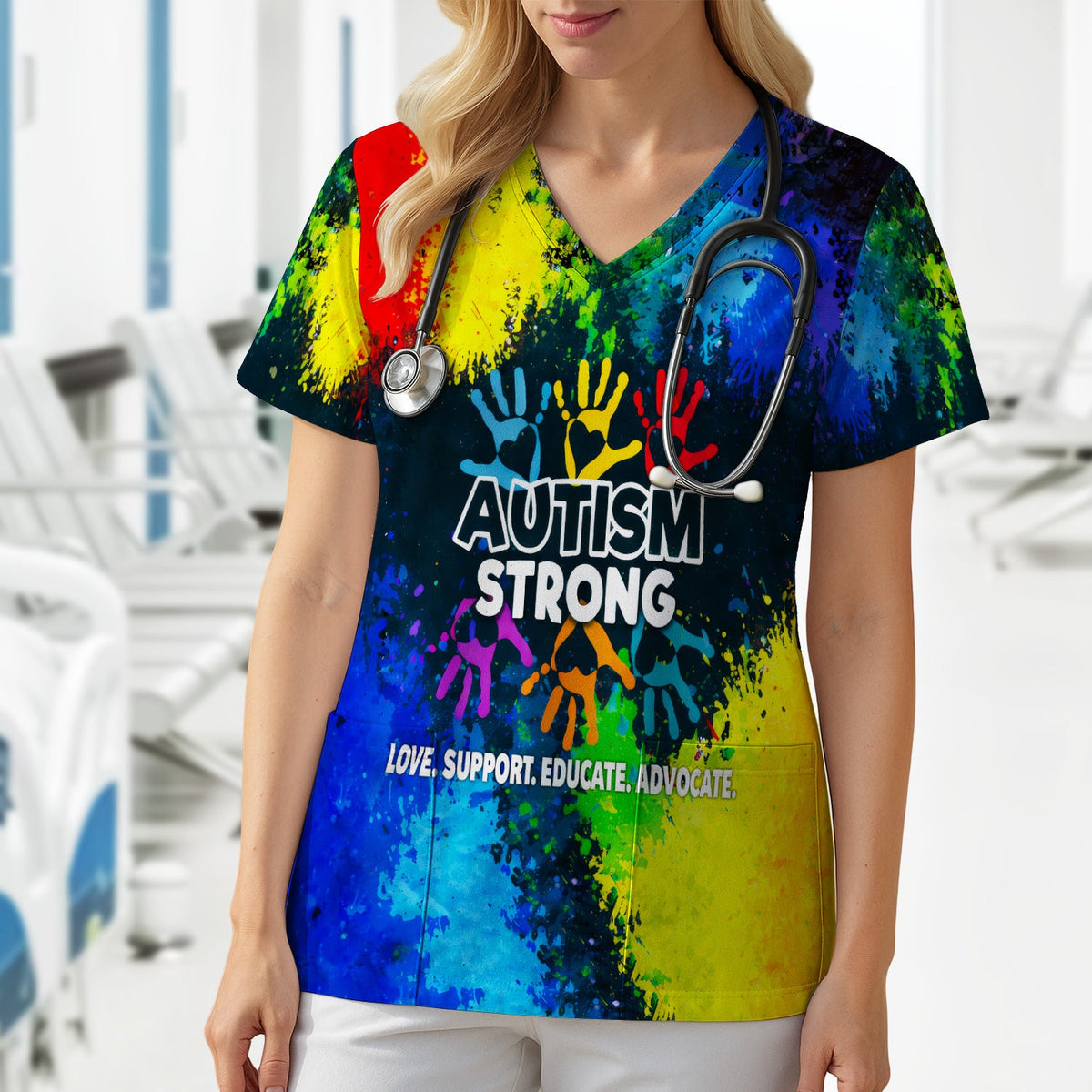 Autism Strong Handprint Nurse Scrub Top
