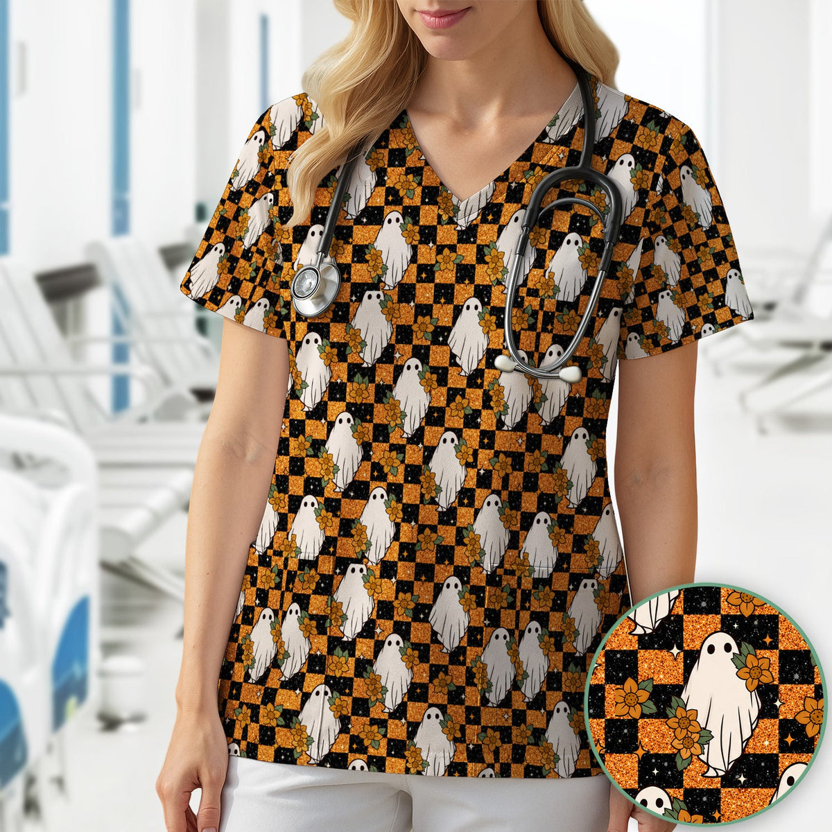 Spooky Ghost Checkerboard Nurse Scrub Top