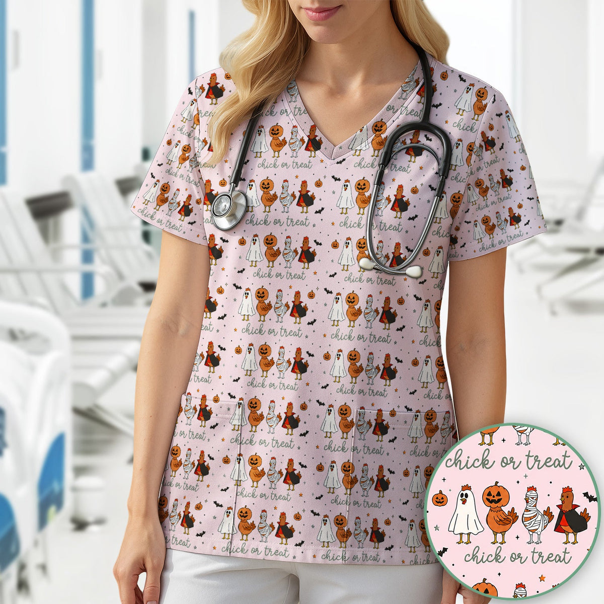 Chick Or Treat Nurse Scrub Top - Halloween Gift