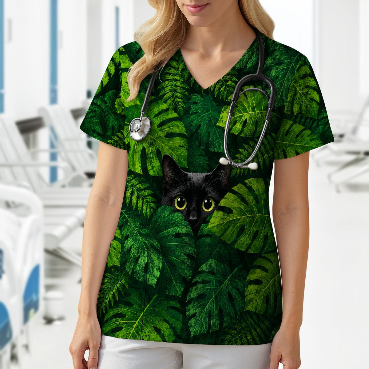 Hidden Black Cat Nurse Scrub Top