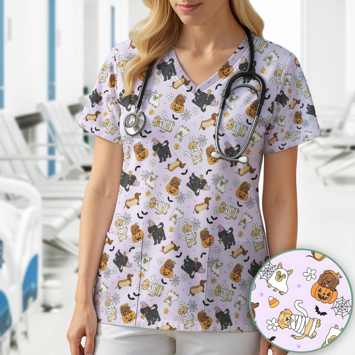 Halloween Costumed Pets Nurse Scrub Top