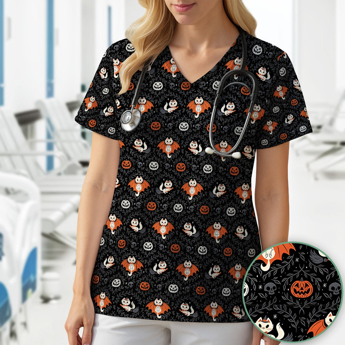 Halloween Vampire Cat Nurse Scrub Top